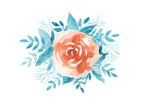 嫩水彩橙玫瑰与蓝色的叶子图片下载