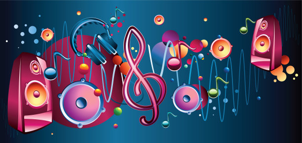 明亮时髦的扬声器与谱号和音符在现代音乐背景图片下载