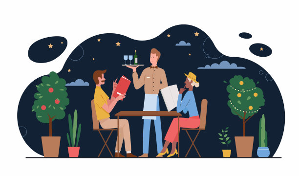 夫妻晚上在餐厅用餐，男人和女人坐在桌边点餐图片下载