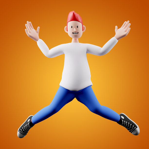 一个快乐的角色，一个3d男孩跳跃与所有四肢ıin在黄色背景的空气图片下载