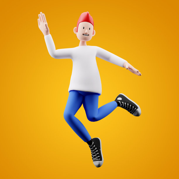 一个男孩一边挥手一边高兴地跳着图片下载