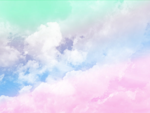 美丽甜美，柔和的绿色，灰色，五彩缤纷，天空上有毛茸茸的云。多色彩虹图像。抽象幻想生长之光图片下载