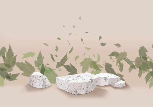 展览平台。表示化妆品的演示。3 d渲染。背景上飘落的绿叶图片下载