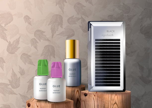 在展览的木制讲台上，睫毛的调色板和胶水瓶子的模型。落叶在米色背景。三维渲染图片下载