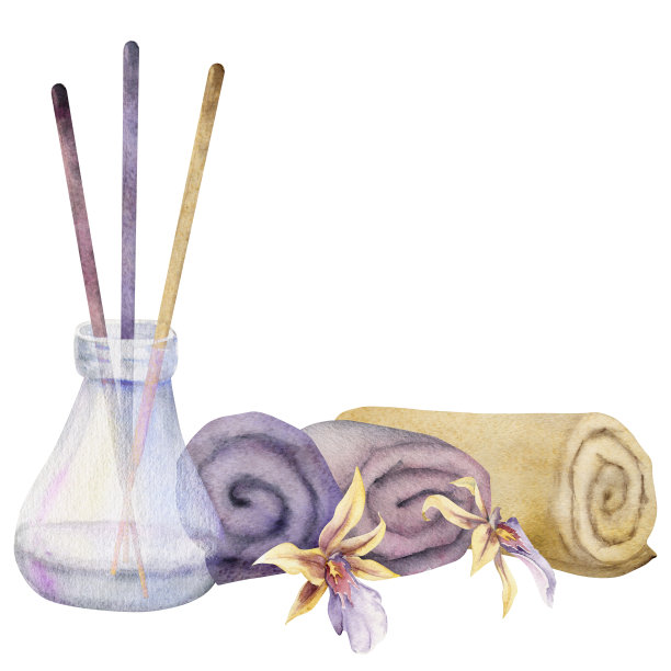 手绘水彩水疗护肤毛巾沐浴美容产品包。水平组合。孤立在白色背景上。设计墙壁艺术，疗养胜地，印刷，织物，封面，卡片，小册子。图片下载