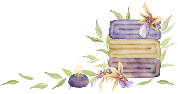 手绘水彩水疗护肤毛巾沐浴美容产品包。水平组合。孤立在白色背景上。设计墙壁艺术，疗养胜地，印刷，织物，封面，卡片，小册子。图片下载