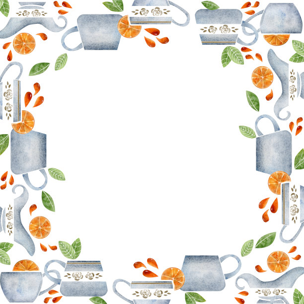 水彩手绘边框与瓷金咖啡杯，奶精，树叶，橙片。孤立在白色背景上。用于邀请函，咖啡厅，餐厅食物菜单，打印，网站，卡片图片下载