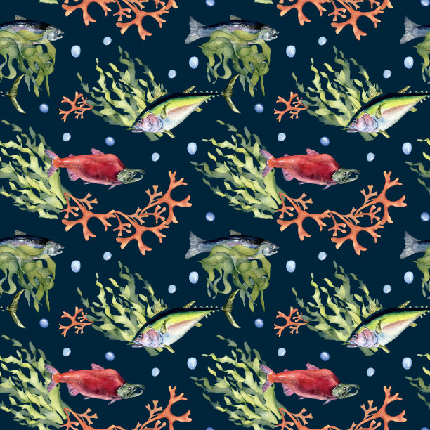 各种野生海鱼无缝图案水彩插图孤立在黑色。海藻，金枪鱼，鲑鱼，银鳕，海洋植物手绘。设计元素用于纺织品，包装，纸张，包装，横幅图片下载