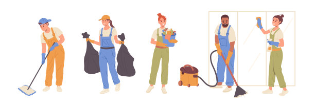 一套平面的卡通人物，从家庭清洁服务中穿着统一的手持工具图片下载