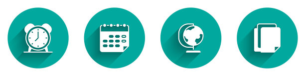 设置闹钟，学校时间表，地球仪和文件图标长阴影。向量图片下载