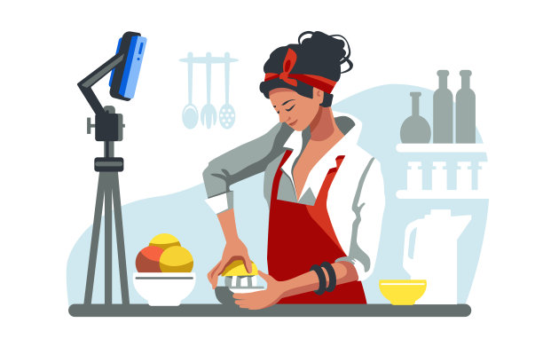女性角色烹饪厨房与在线教程。家庭主妇分享食谱图片下载
