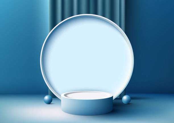 3D写实现代风格的空白色讲台站与蓝色窗帘和圆形背景上的蓝色背景图片下载