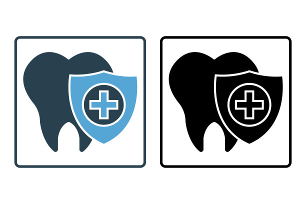 牙科保健图标。健康的牙齿和盾牌，保险的象征。固体图标风格的设计。简单的矢量设计可编辑。图片下载