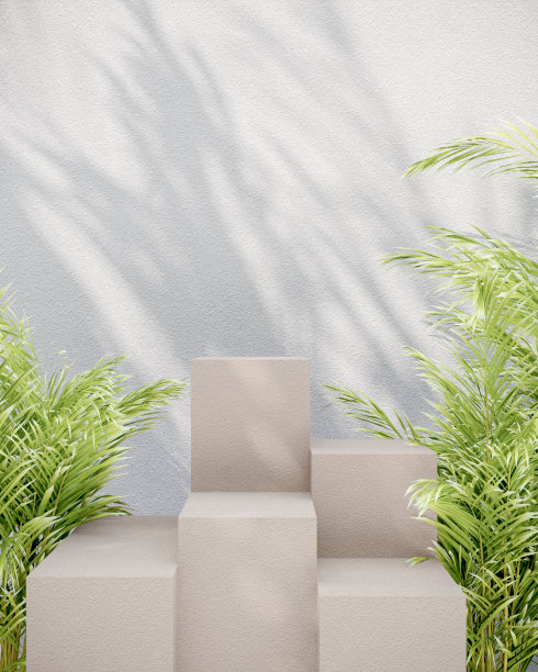 现代橙色混凝土平台装饰明亮的热带植物。混凝土墙面背景上的树叶阴影，用于放置产品、化妆品、护肤、美容产品。三维渲染图片下载