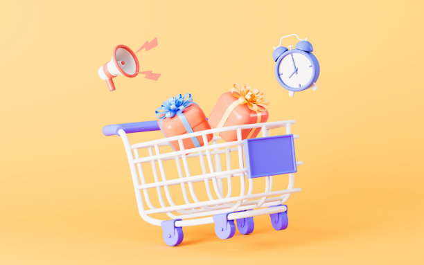 购物车上的礼物和闹钟，3d渲染。图片下载