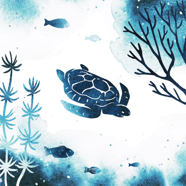 鱼、海龟和海藻矢量剪影水彩海景插画，带飞溅效果，海洋水下生物，适用于海报、印刷品、banner、卡片图片下载