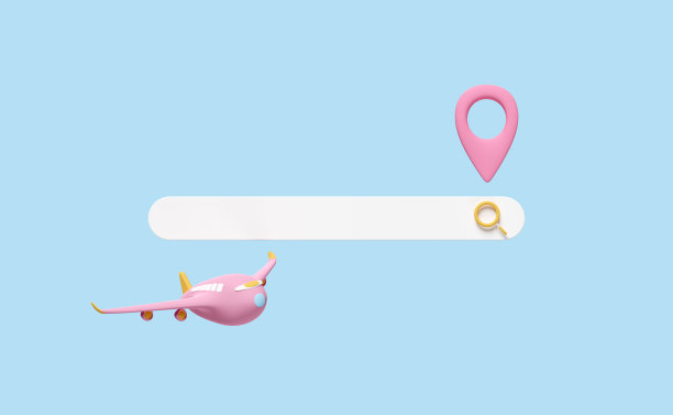 3d搜索栏空白和放大镜，别针与机票预订，夏季旅游服务，规划旅行者的旅游孤立在蓝色背景上。3d渲染图图片下载