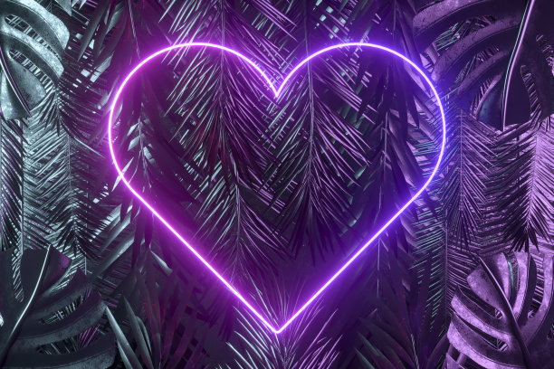 热带棕榈树和怪物的叶子与霓虹闪电框架，抽象的背景图片下载