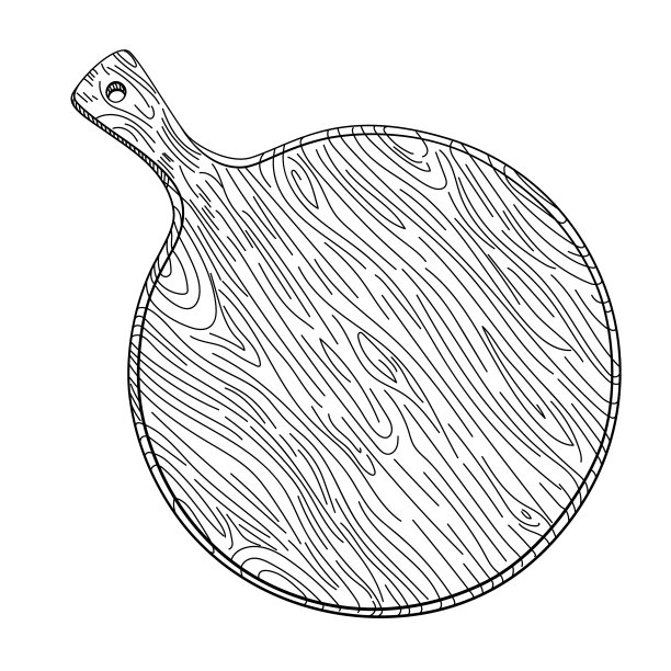 手绘切割木板，手柄隔离在白色上。比萨餐盘。厨房用具草图。雕刻风格。图片下载