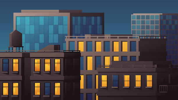 夜间办公大楼里发光的窗户。图片下载