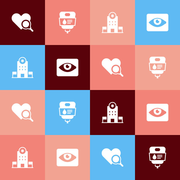 集波普艺术医疗心脏检查，静脉输液袋，医院大楼和红眼效果图标。向量图片下载