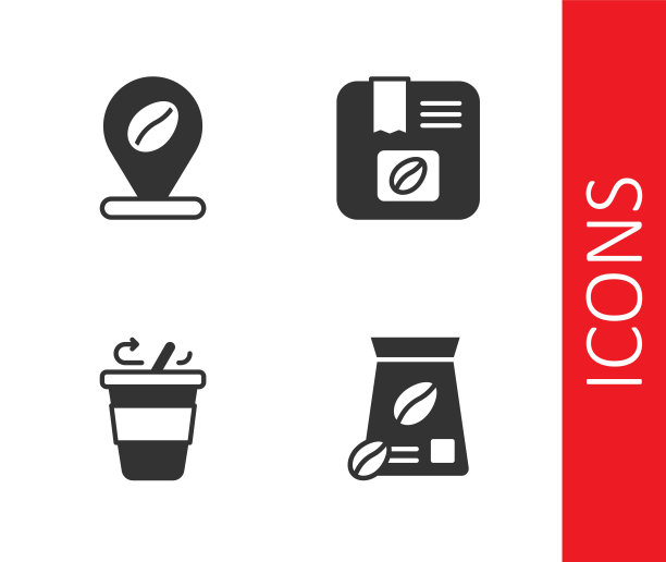 设置咖啡豆袋，位置，咖啡杯和图标。向量图片下载