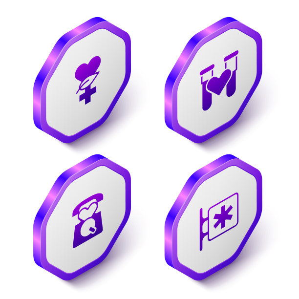 集等距民族科学，试管与血液，紧急呼叫911和-生命之星图标。紫色六边形按钮。向量图片下载