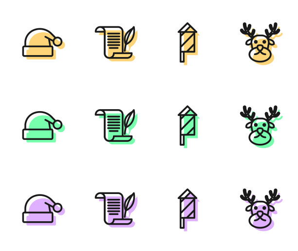 烟花火箭，圣诞老人帽子，信封和驯鹿图标。向量图片下载