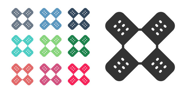 黑色交叉绷带石膏图标隔离在白色背景。医用膏药、不干胶绷带、柔性织物绷带。设置图标彩色。向量图片下载