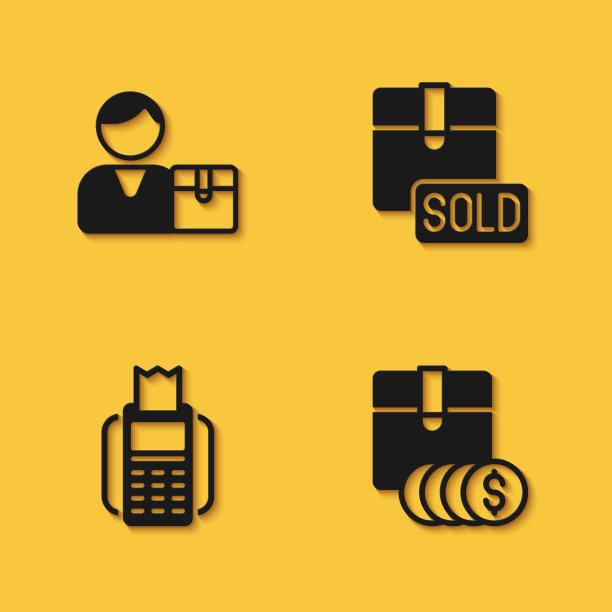 集买方，项目价格标签与美元，POS终端和销售图标与长阴影。向量图片下载