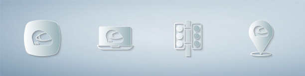 设置赛车头盔，交通灯和。纸艺风格。向量图片下载