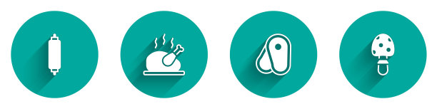 集擀面杖，烤火鸡或鸡，牛排肉和飞木耳蘑菇图标与长阴影。向量图片下载