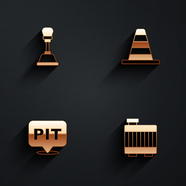 设置变速杆，交通锥，进站和汽车散热器冷却系统图标长阴影。向量图片下载