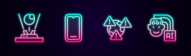 集全息图，手机，带感叹号的地球和人形机器人。发光的霓虹灯图标。向量图片下载