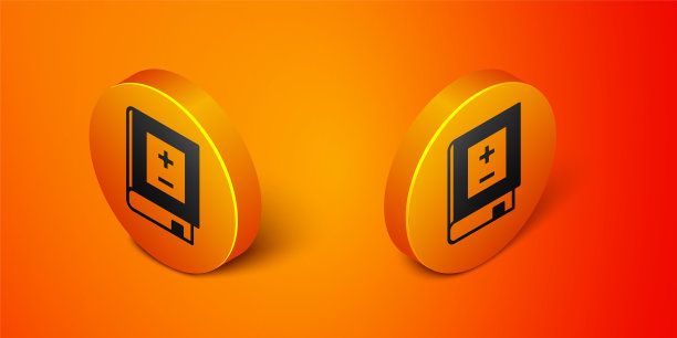 等距书与数学图标孤立的橙色背景。数学书。关于返校的教育理念。橙色圆圈按钮。向量图片下载