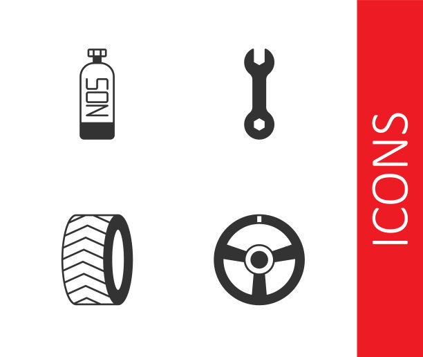 集赛车方向盘，氧化亚氮，汽车轮胎和扳手扳手图标。向量图片下载