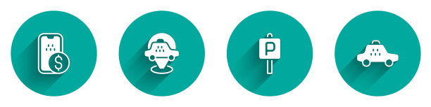 设置手机银行，位置出租车，停车场和出租车图标长阴影。向量图片下载