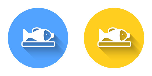 白色盘子上的鱼与长阴影背景隔离。圆按钮。向量图片下载