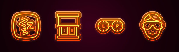 设置线睡眠，窗户窗帘，隐形眼镜容器和眼睛睡眠眼罩。发光的霓虹灯图标。向量图片下载
