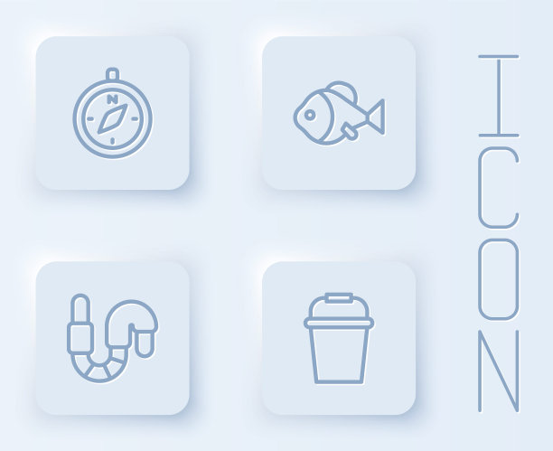 设好线，指南针，鱼，蠕虫和钓鱼桶。白色方形按钮。向量图片下载