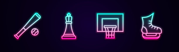 设置线棒球球棒，象棋，篮球篮板和溜冰鞋。发光的霓虹灯图标。向量图片下载