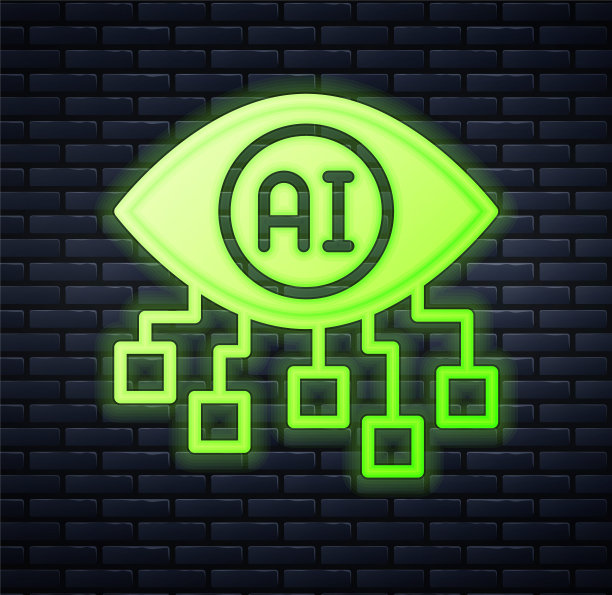 发光的霓虹灯计算机视觉图标孤立的砖墙背景。技术视觉，眼电路，视频监控系统，增强现实系统。向量图片下载