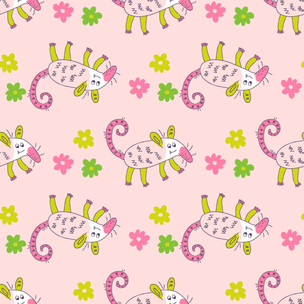 涂鸦无缝图案与负鼠和雏菊花。完美的印花t恤，纺织品和织物。花卉矢量插图的装饰和设计。图片下载