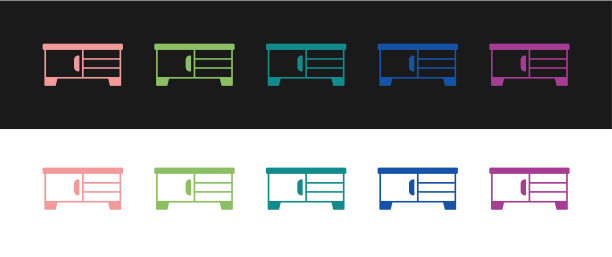 设置电视桌站图标孤立的黑白背景。向量图片下载