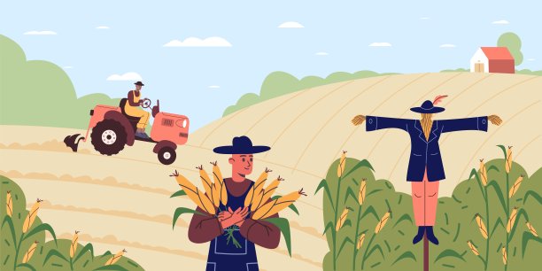 农业工人。漫画中的农民收割玉米。用拖拉机犁地的人。农村人。玉米种植。稻草人。成熟的作物。农业景观。向量的概念图片下载