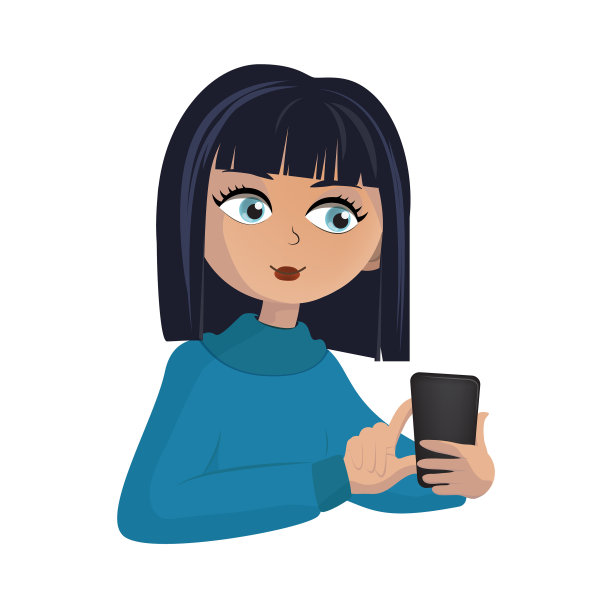 女人在用电话。穿着蓝色的毛衣。矢量插图隔离在白色背景上。图片下载