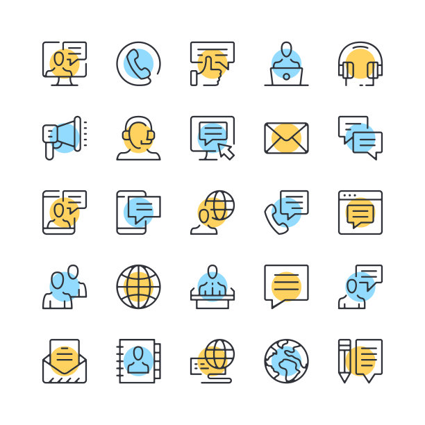 通信线路图标。一组通信图标。黑色，蓝色和黄色。现代线性轮廓平面设计。矢量线图标集图片下载