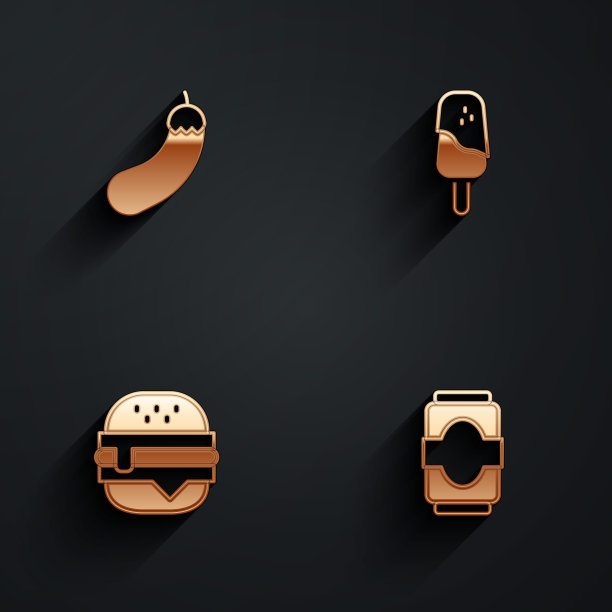 设置茄子，冰淇淋，汉堡和苏打罐头图标与长阴影。向量图片下载