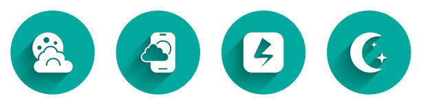 设置云与月亮，天气预报应用程序，闪电和月亮和星星图标与长阴影。向量图片下载