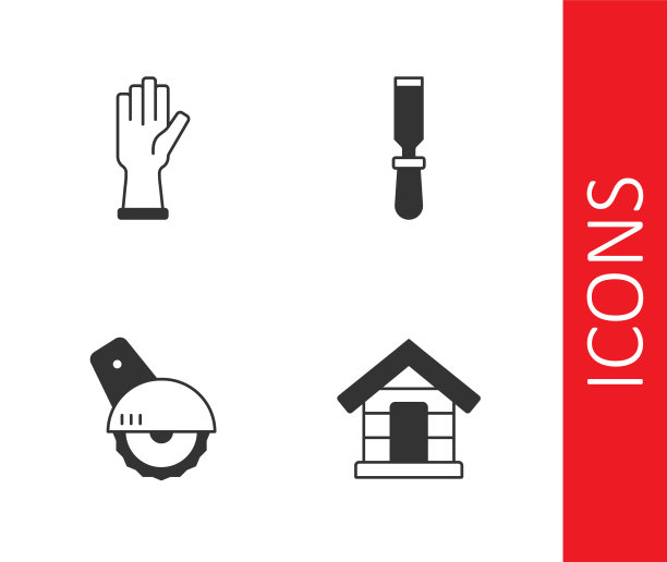 设置狗屋，防护手套，电动圆锯和凿子工具图标。向量图片下载